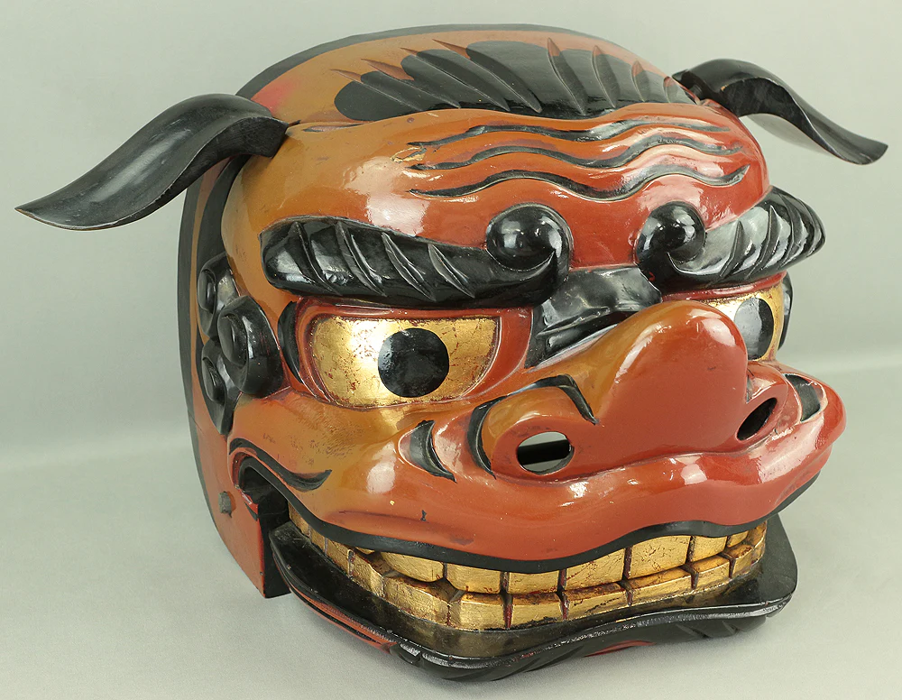 Shishigashira Japanese Old lacquered Gilt with eyes and tooth Shishimai head Mask Kagura Lion head Shinto tool ornament Okimono V708 - Image 4