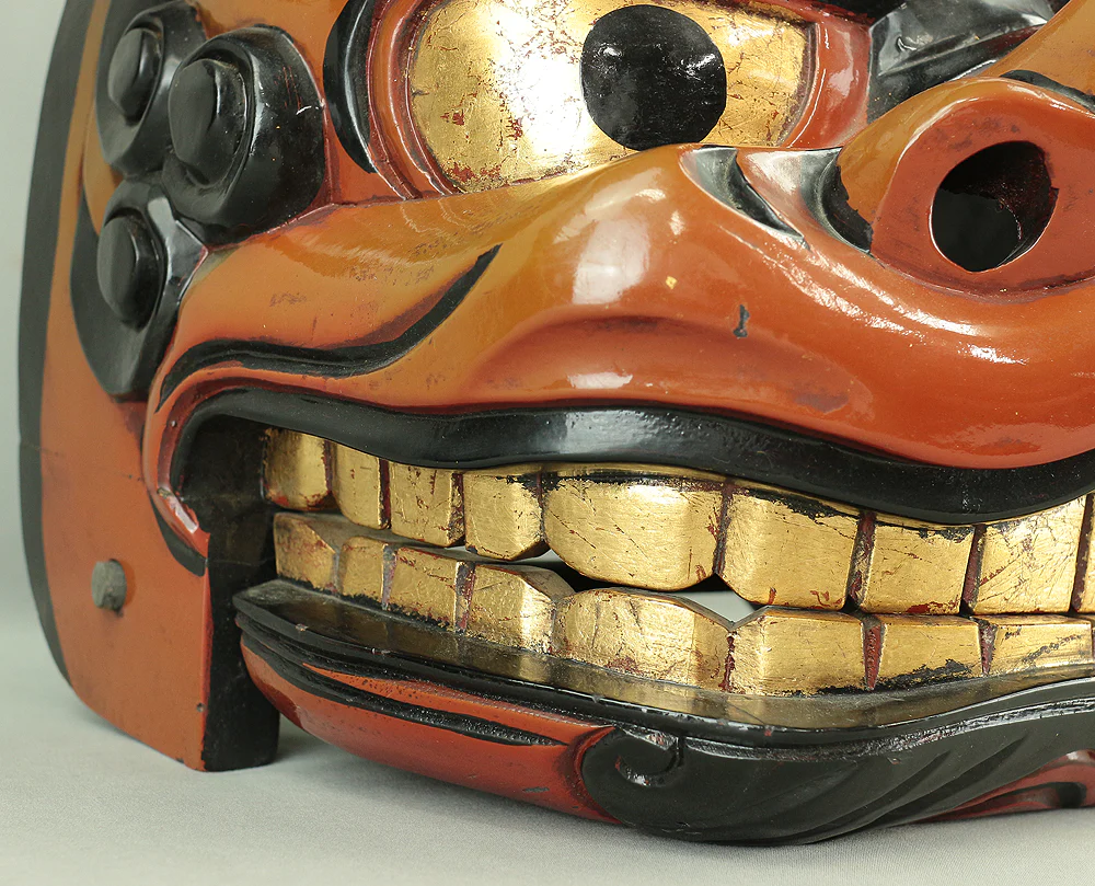 Shishigashira Japanese Old lacquered Gilt with eyes and tooth Shishimai head Mask Kagura Lion head Shinto tool ornament Okimono V708 - Image 6