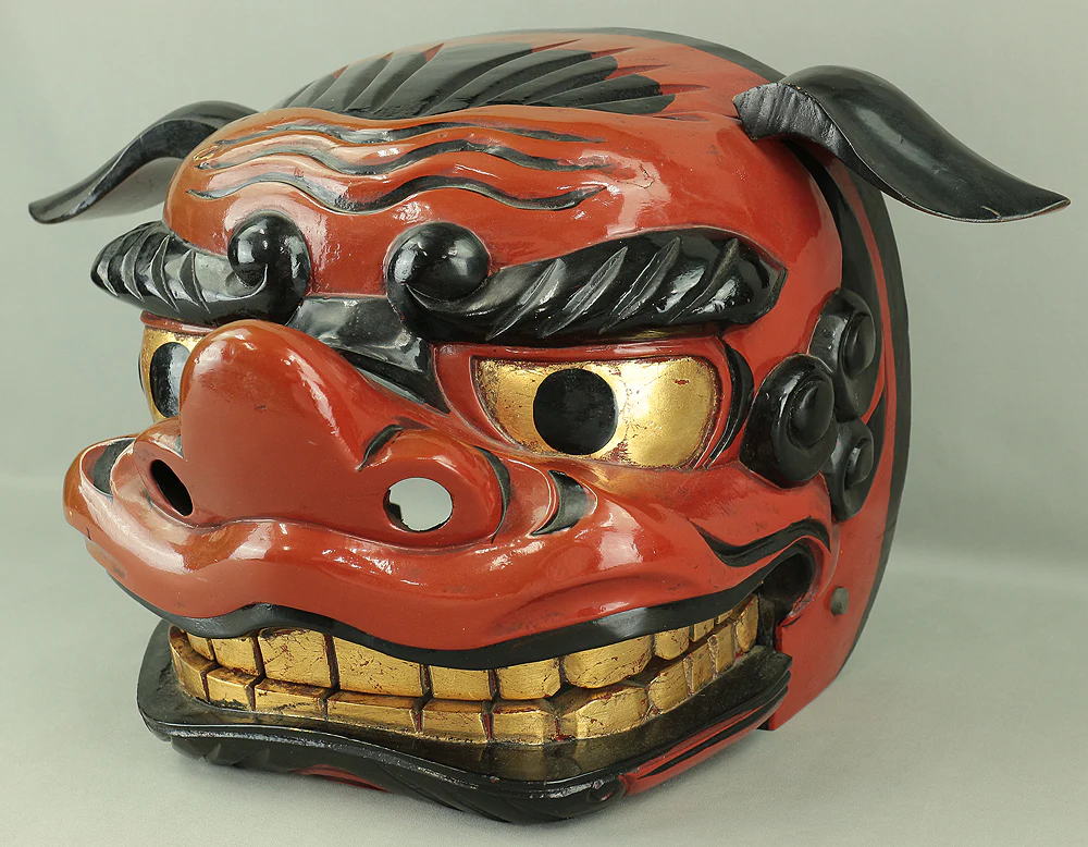 Shishigashira Japanese Old lacquered Gilt with eyes and tooth Shishimai head Mask Kagura Lion head Shinto tool ornament Okimono V708 - Image 7