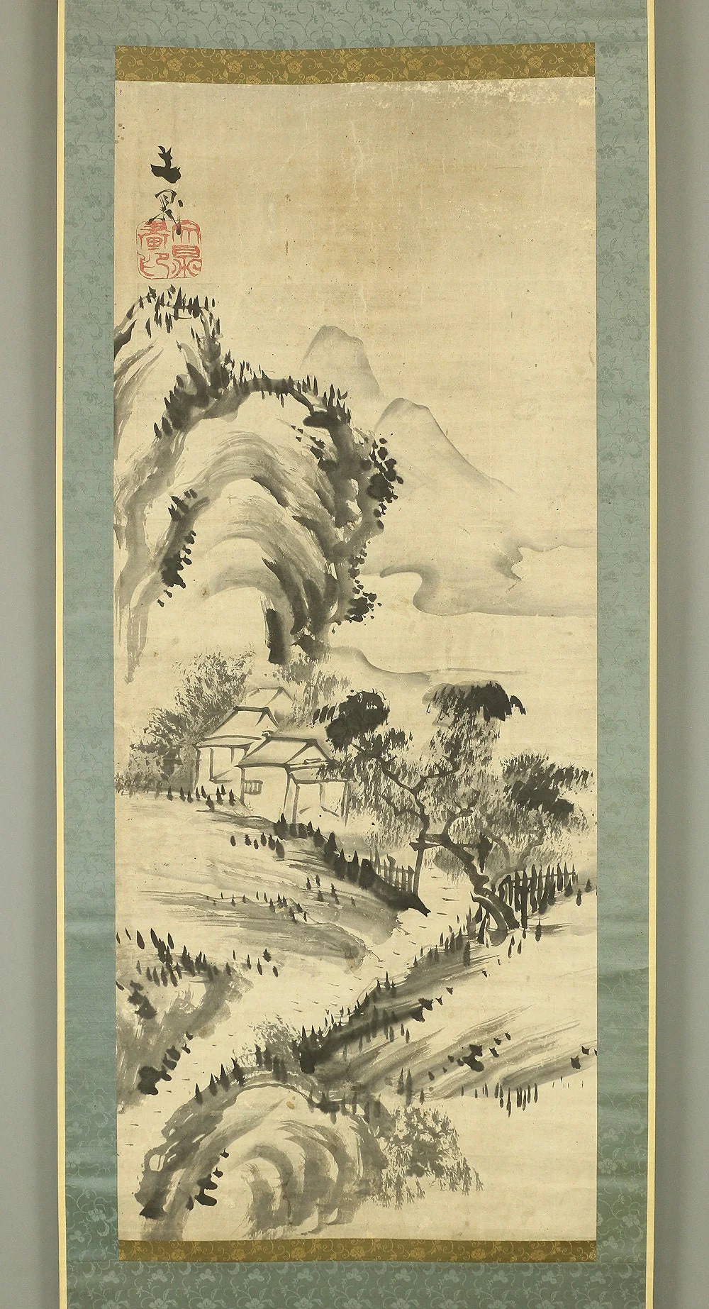 谷文晁 TANI BUNCHO 1763~1841 Suiboku brush ink landscape Sansui with Box W578 / Japanese antique art large kakejiku kakemono hanging scroll - Image 3