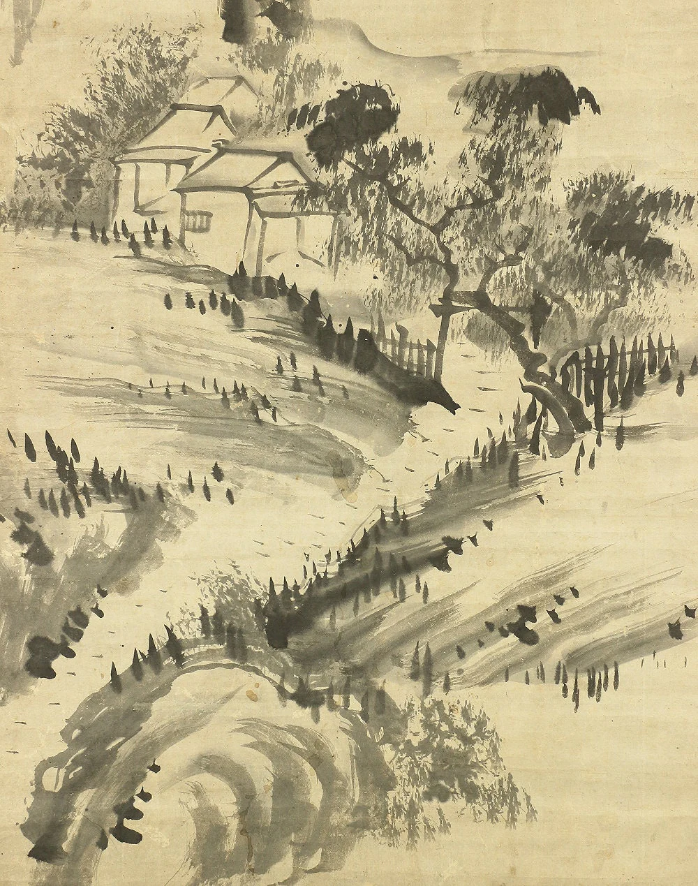 谷文晁 TANI BUNCHO 1763~1841 Suiboku brush ink landscape Sansui with Box W578 / Japanese antique art large kakejiku kakemono hanging scroll - Image 7