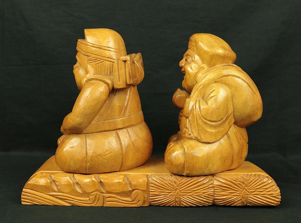 Wood Carving Statue Figurine DAIKOKUTEN & EBISU Japanese traditional Craft / Seven Lucky Gods Ornament Fortune Happiness Hinduism Buddhism - Image 4