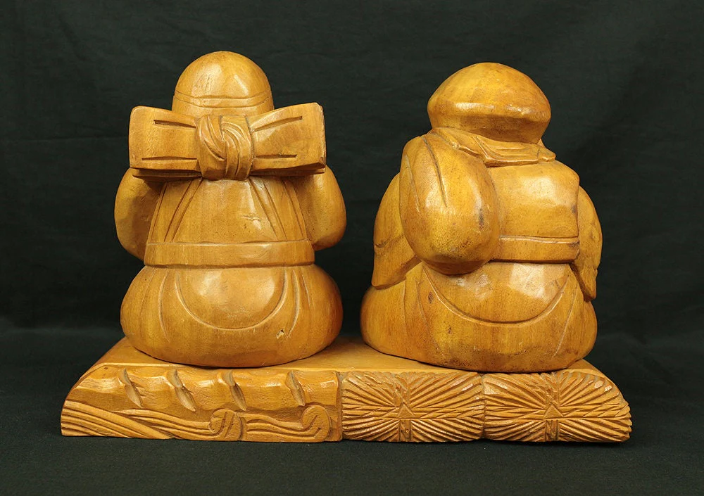 Wood Carving Statue Figurine DAIKOKUTEN & EBISU Japanese traditional Craft / Seven Lucky Gods Ornament Fortune Happiness Hinduism Buddhism - Image 5