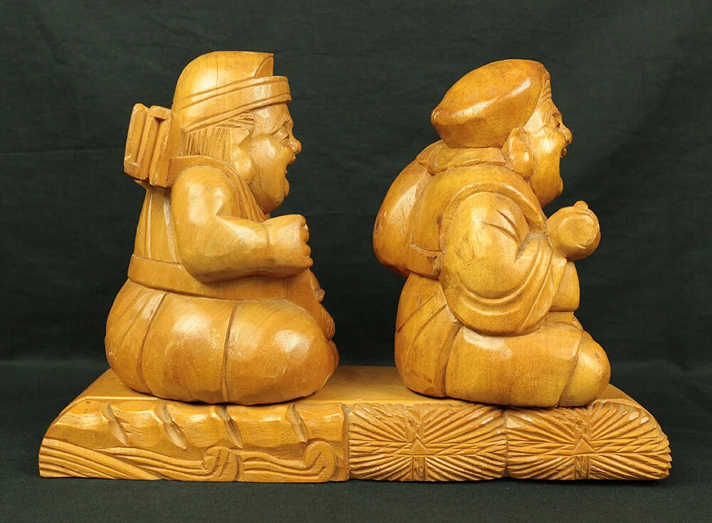 Wood Carving Statue Figurine DAIKOKUTEN & EBISU Japanese traditional Craft / Seven Lucky Gods Ornament Fortune Happiness Hinduism Buddhism - Image 6